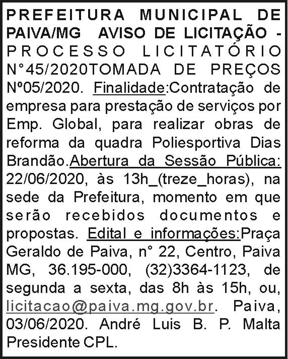 Prefeitura Municipal de Paiva - Aviso de Licitação 4 1 PAIVA 45