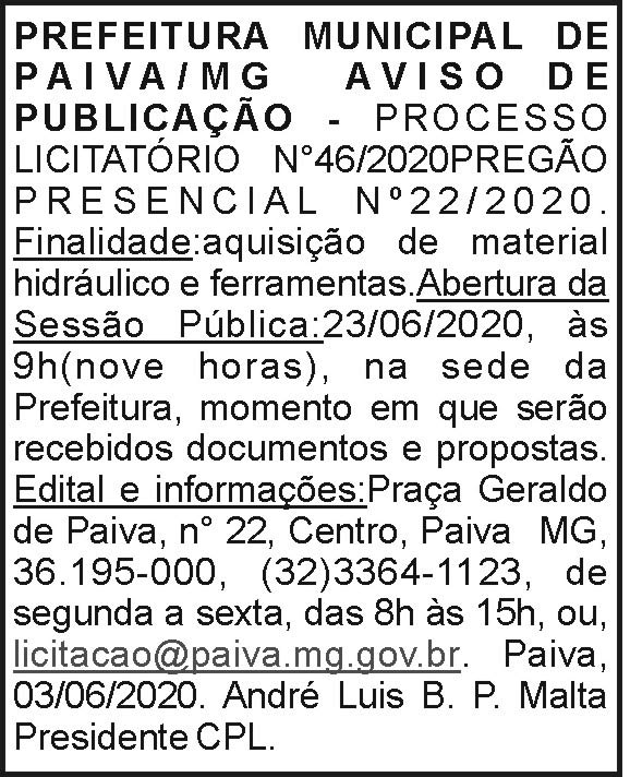 Prefeitura Municipal de Paiva - Aviso de Publicação 4 1 PAIVA 46