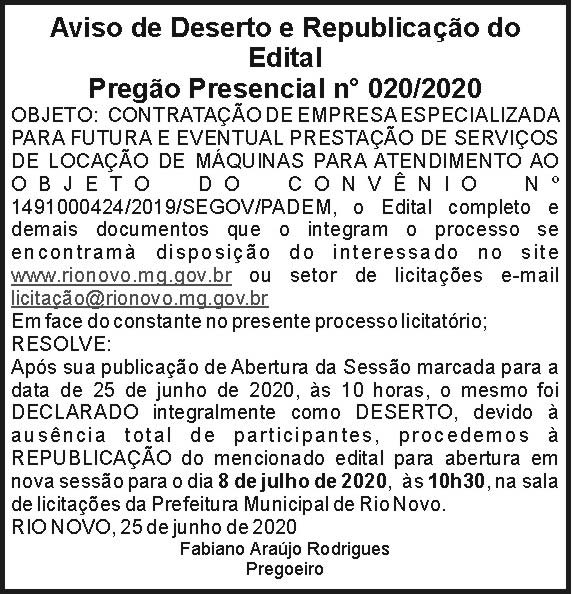 Aviso de Deserto e Republicação do Edital 4 1 RIO NOVO 020