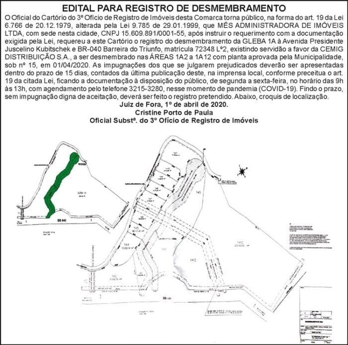 Edital para registro de desmembramento da GLEBA 1A 4 1 SIMONE