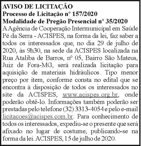Aviso de Licitação - Acispes 157/2020 4 1 ACISPES 157