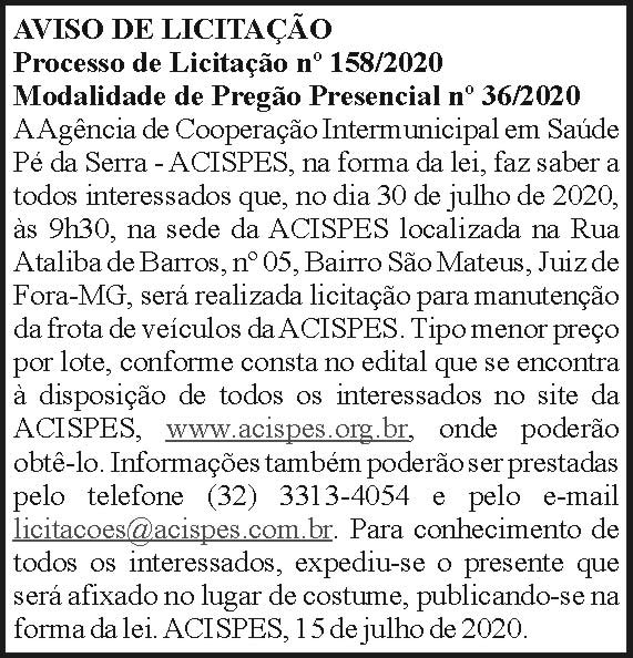 Aviso de Licitação - Acispes 158/2020 4 1 ACISPES 158