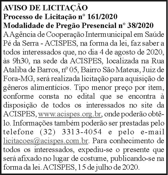 Aviso de Licitação - Acispes 161/2020 4 1 ACISPES 161