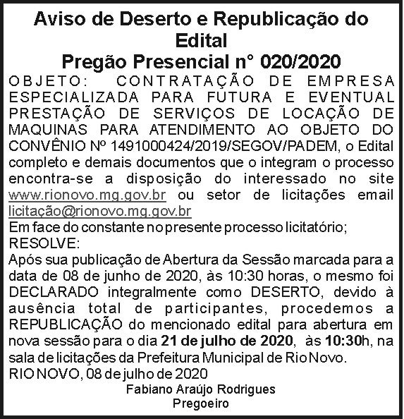 Aviso de Deserto e Republicação do Edital 4 1 RIO NOVO 020