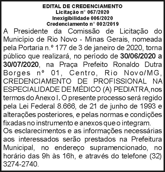 Comissão de Licitação do Município de Rio Novo 4 1 RIO NOVO 067