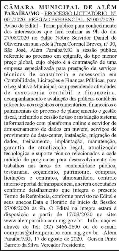 Câmara Municipal de Além Paraíba - Licitação 001/2020 4 1 ALEM PARAIBA