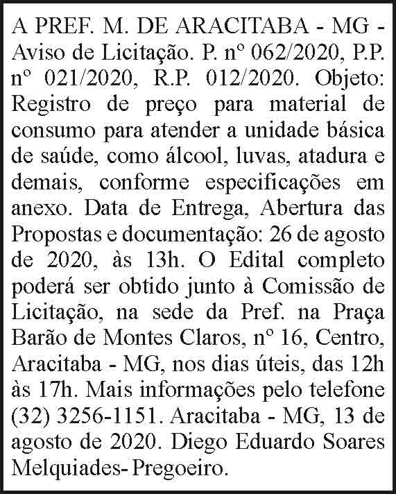 Prefeitura Municipal de Aracitaba - Licitação 021/2020 4 1 ARACITABA 062