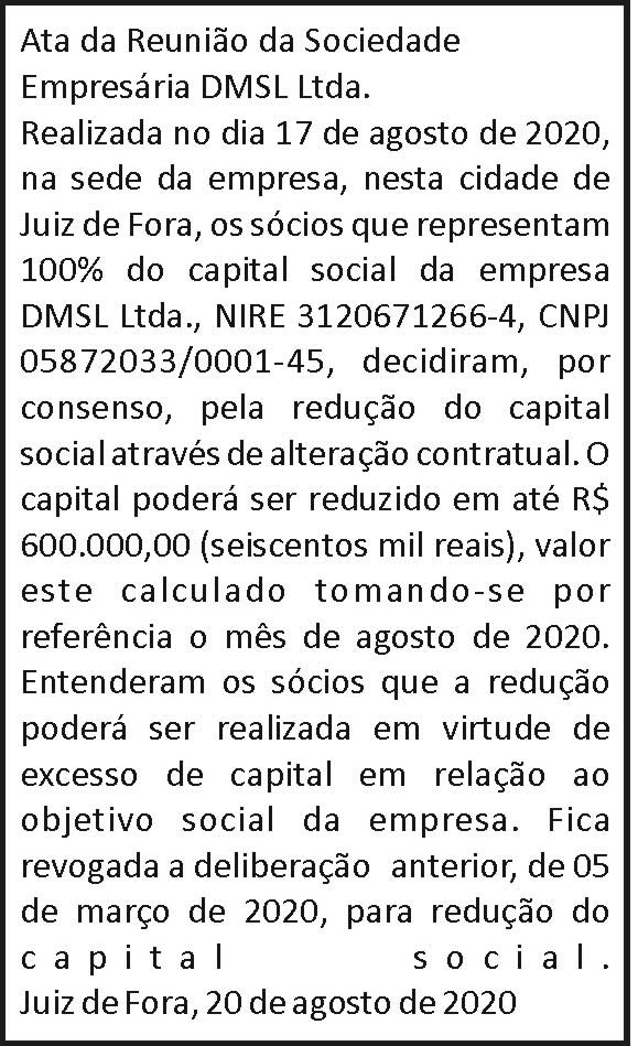 Ata da Reunião da Sociedade Empresária DMSL 4 1 EMPRESARIA