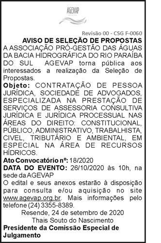 Aviso de Seleção de Propostas 4 1 AGEVAP 18