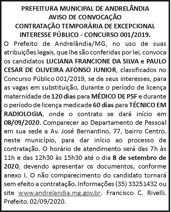 Prefeitura Municipal de Andrelândia Aviso de Convocação 4 1 ANDRELANDIA 001