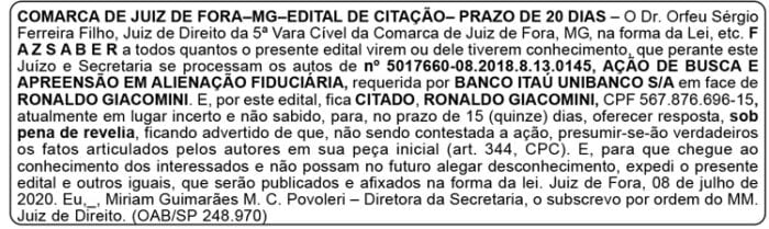 Comarca de Juiz de Fora -MG- Edital de Citação 4 edital 04