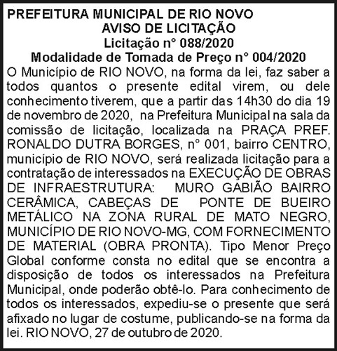 Aviso de Licitação Prefeitura Municipal de Rio Novo 4 1 RIO NOVO 088