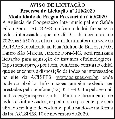 Aviso de Licitação - Processo n 210/2020 4 1 ACISPES 210