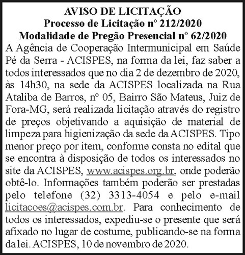 Aviso de Licitação - Processo n 212/2020 4 1 ACISPES 212