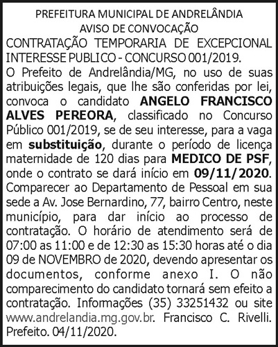 Prefeitura Municipal de Andrelândia - Aviso de Convocação 4 1 ANDRELANDIA