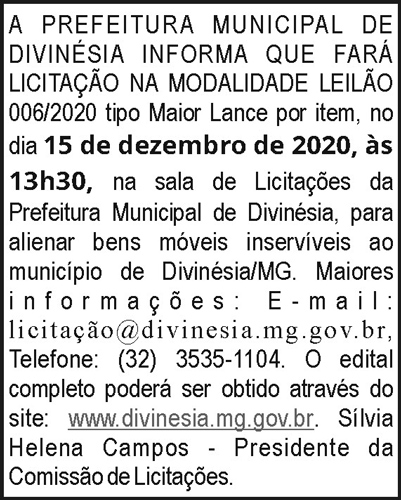 Prefeitura Municipal de Divinésia - Aviso de Licitação 4 1 DIVINESIA 006