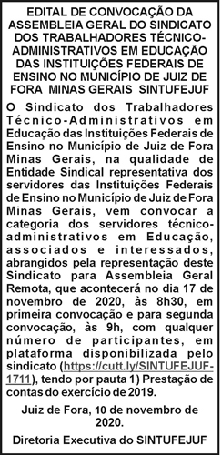 Edital de Convocação da Assembleia Geral do SINTUFEJUF 4 1 SINTUFEJUF