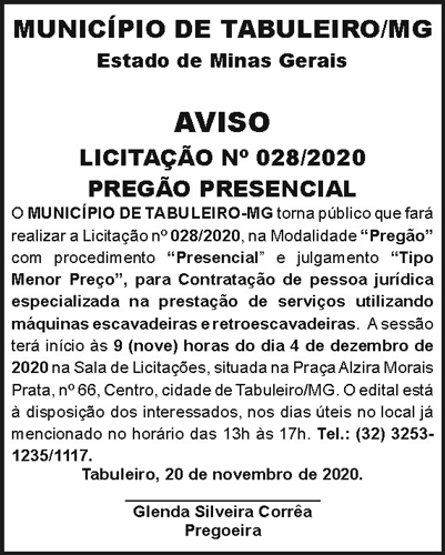 Município de Tabuleiro/MG- Aviso N028/2020 4 1 TABULEIRO 028