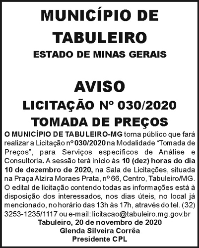 Município de Tabuleiro/MG - Aviso Licitação N030/2020 4 1 TABULEIRO 030