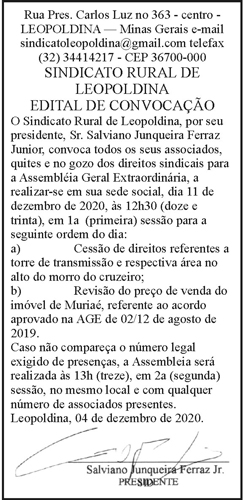Sindicato Rural de Leopoldina - Edital de Convocação 4 1 LEOPOLDINA