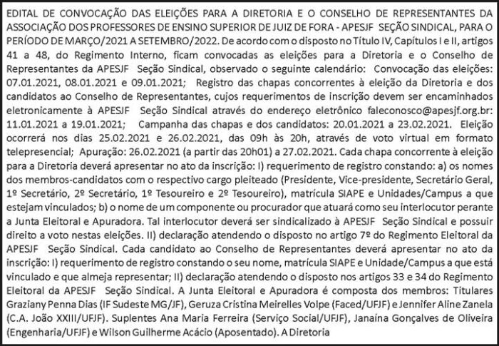 Edital de Convocação das eleições APESJF 4 1 APES