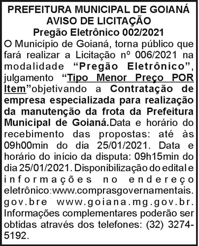 Prefeitura Municipal de Goianá - Aviso de Licitação 4 1 GOIANA 002
