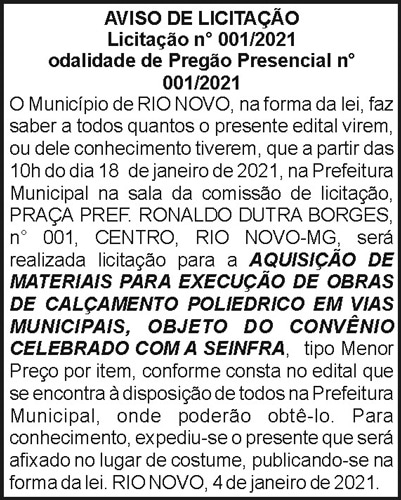 Aviso de Licitação N001/2021 4 1 RIO NOVO 001