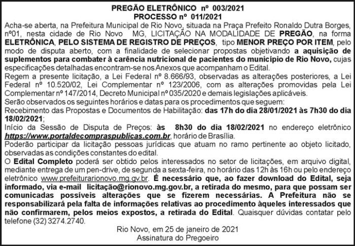 Pregão Eletrônico Prefeitura de Rio Novo 4 1 RIO NOVO 003 1