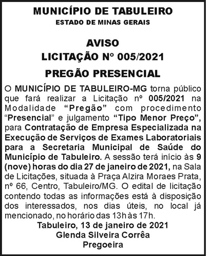 Município de Tabuleiro - Aviso de Licitação 4 1 TABULEIRO 005