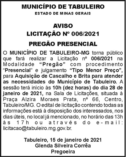 Município de Tabuleiro - Aviso Licitação N006/2021 4 1 TABULEIRO 006