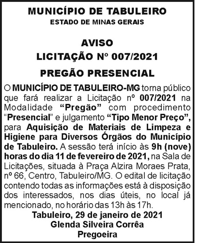 Município de Tabuleiro - Aviso de Licitação N007-2021 4 1 TABULEIRO 007