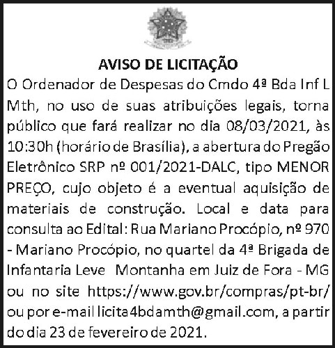 Aviso de Licitação - Pregão Eletrônico 4 1 4BDA 23 02