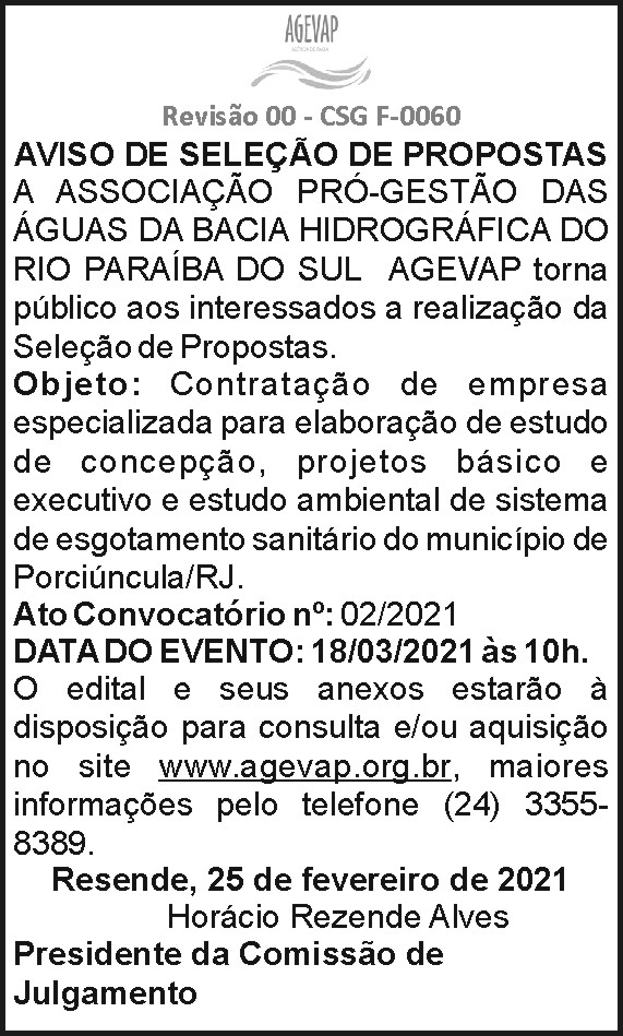 AGEVAP - Aviso de Seleção de Propostas 4 1 AGEVAP.