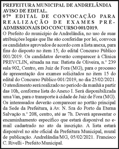 Prefeitura Municipal de Andrelândia - Aviso de Edital 4 1 ANDRELANDIA