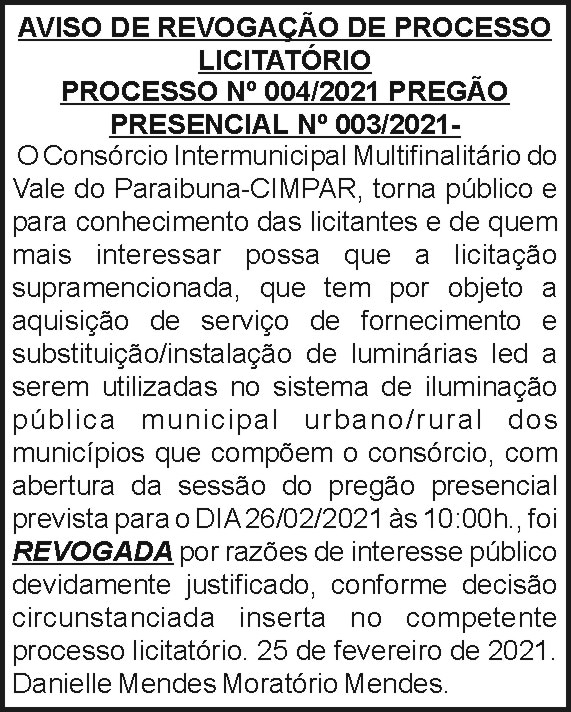 Cimpar - Aviso de Revogação de Processo Licitatório 4 1 CIMPAR 04.