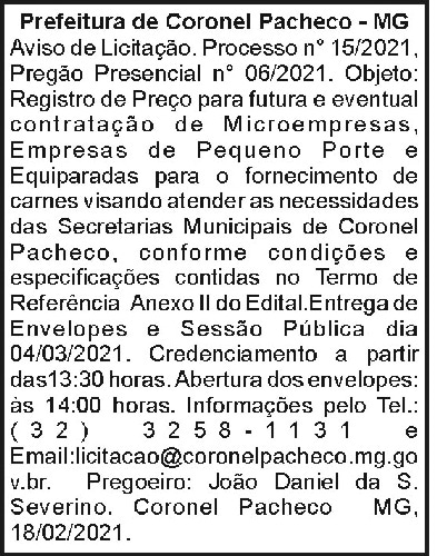 Prefeitura de Coronel Pacheco - MG Aviso de Licitação 4 1 CORONEL 015