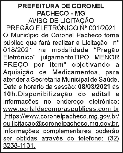 Prefeitura de Coronel Pacheco - Aviso de Licitação 2 4 1 CORONEL 018