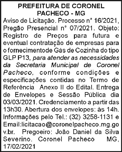 Aviso de Licitação - Prefeitura de Coronel Pacheco - MG 4 1 CORONEL 07
