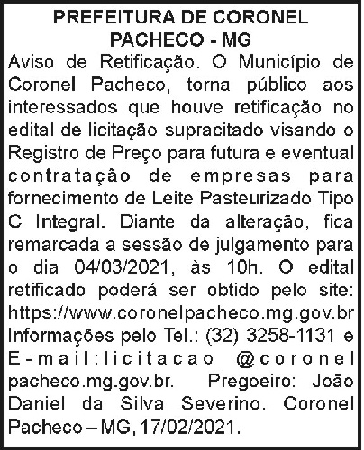 Prefeitura de Coronel Pacheco - Aviso de Retificação 4 1 CORONEL 1