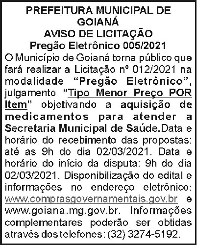 Prefeitura Municipal de Goianá - Aviso de Licitação 4 1 GOIANA 005