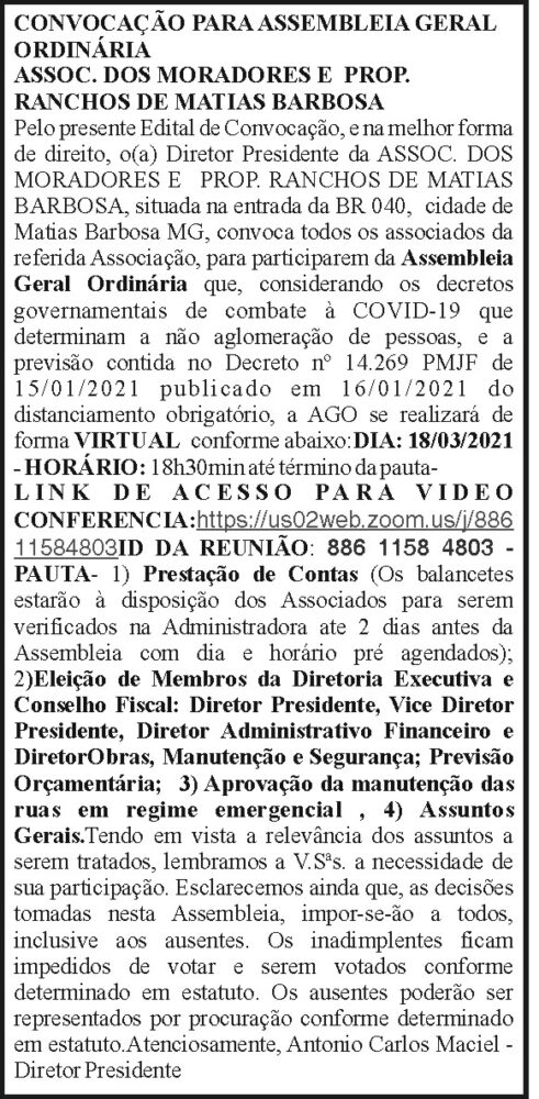 Ranchos de Matias Barbosa - Convocação Assembleia Geral 4 1 RANCHOS 24 02.