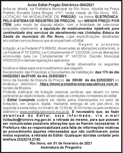 Aviso Edital Pregão Eletrônico 4 1 RIO NOVO 004