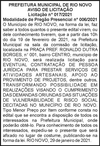 Prefeitura Municipal de Rio Novo - Aviso de Licitação 4 1 RIO NOVO 017.