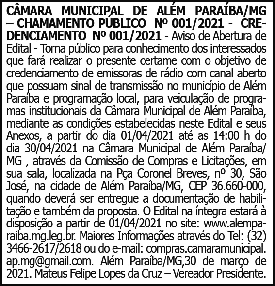 Câmara Municipal de Além Paraíba - Chamamento Público 4 1 ALEM PARAIBA 001