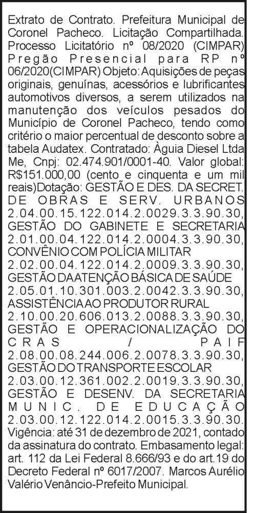 Prefeitura de Coronel Pacheco - Licitação Compartilhada 2 4 1 CORONEL 03.