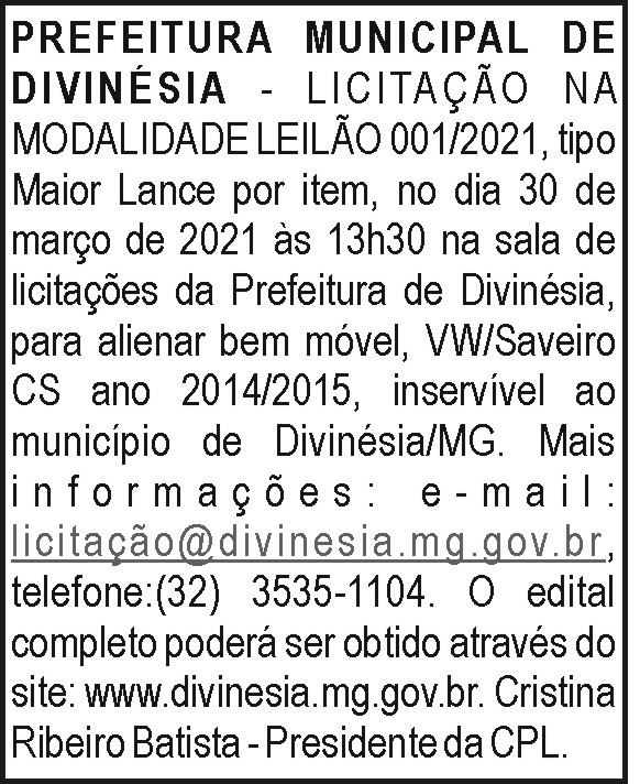 Prefeitura Municipal de Divinésia - Licitação 001/2021 4 1 DIVINESIA 0001.