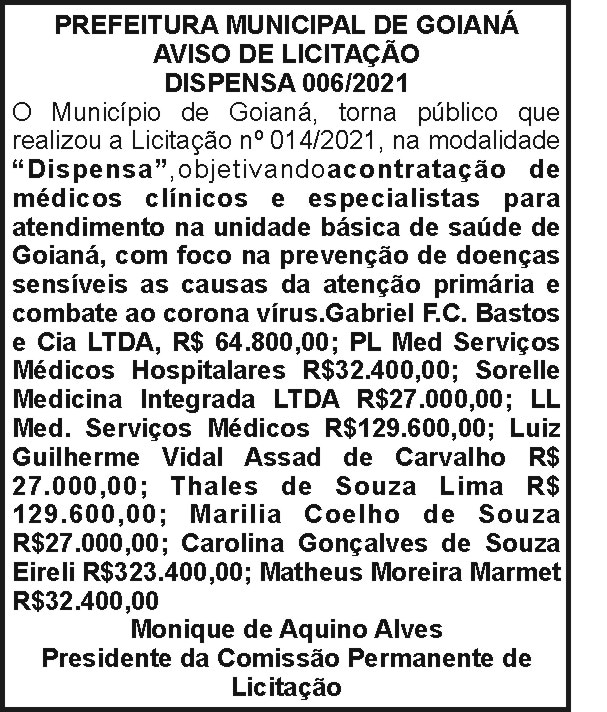 Prefeitura Municipal de Goianá - Aviso de Licitação 4 1 GOIANA 006.