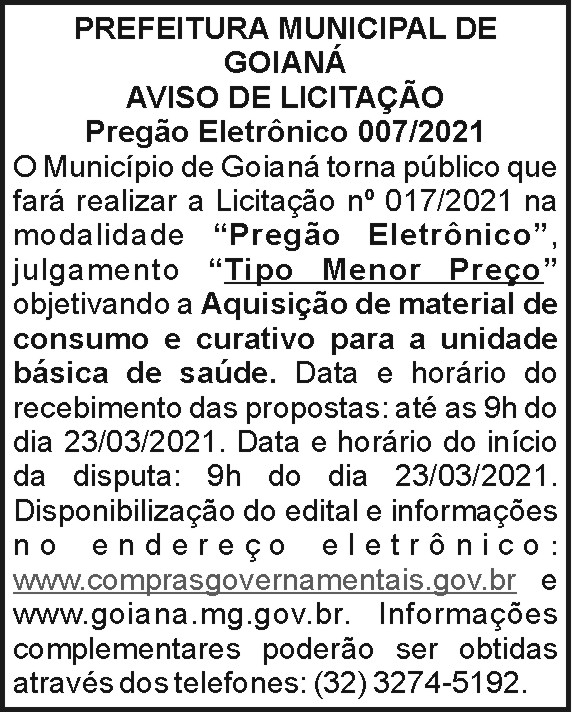 Prefeitura Municipal de Goianá - Aviso de Licitação 4 1 GOIANA 007.