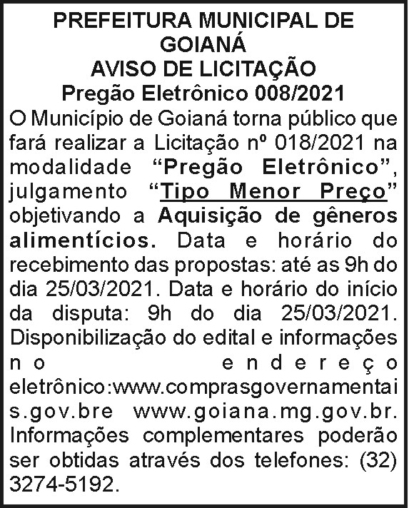 Prefeitura Municipal de Goianá - Aviso de Licitação 4 1 GOIANA 008.