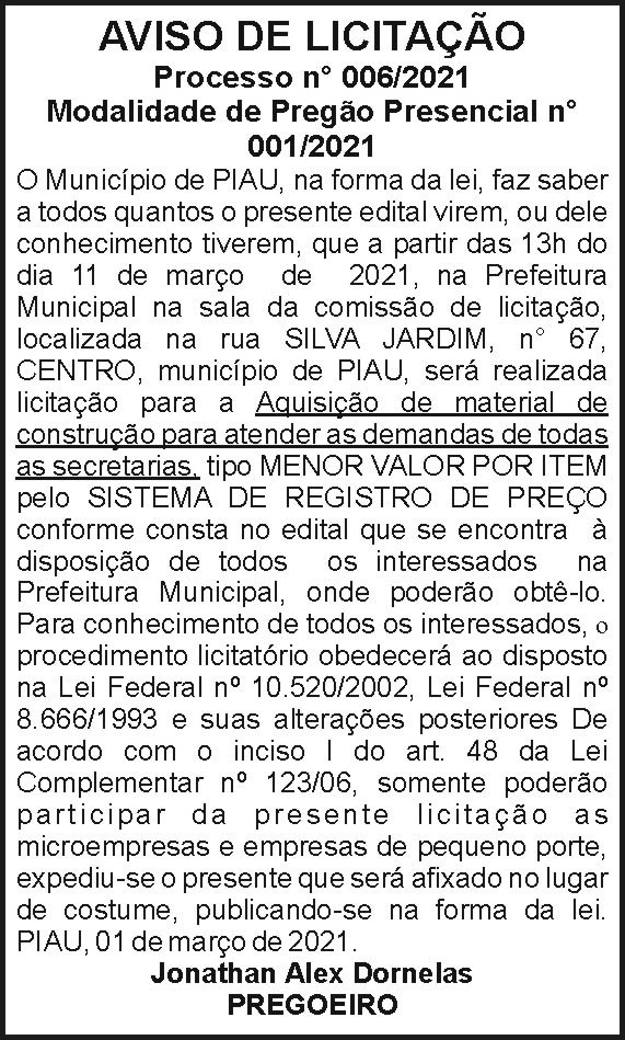 Município de Piau - Aviso de Licitação 4 1 PIAU 006. 1